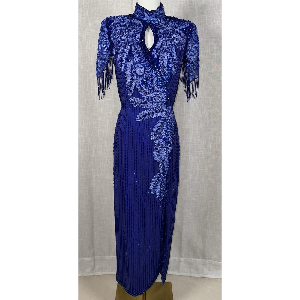 Vintage Ted Lapidus Paris Silk Beaded Sz 8 Dress Fringe Blue Embellished Formal